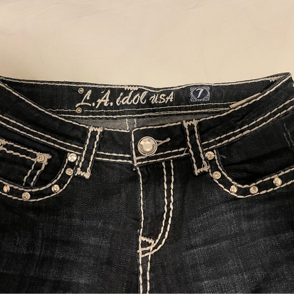 Y2K Bedazzled Low Rise Dark Wash Jeans. LA Idol Rhinestone Bling Cross Capri - Picture 4 of 7